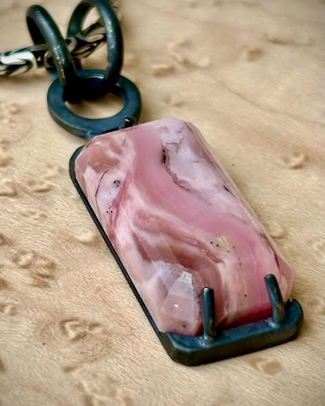 Peruvian pink opal pendant, emerald cut