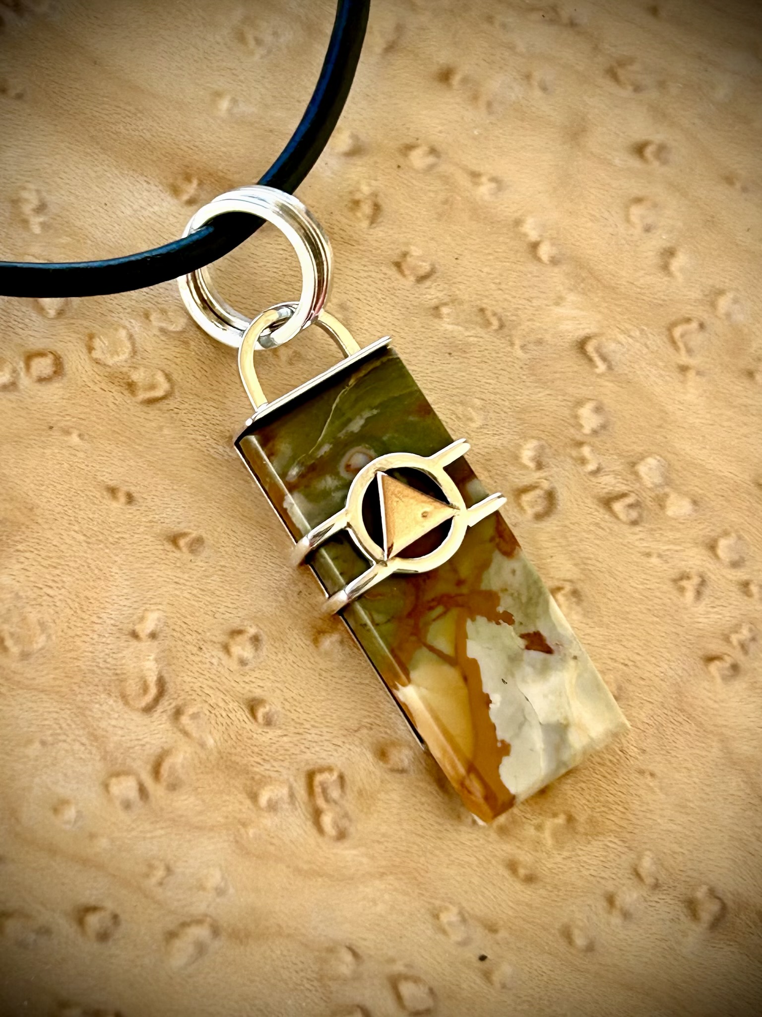 Freedom Jasper recovery pendant in Sterling silver with a Shibuichi triangle
